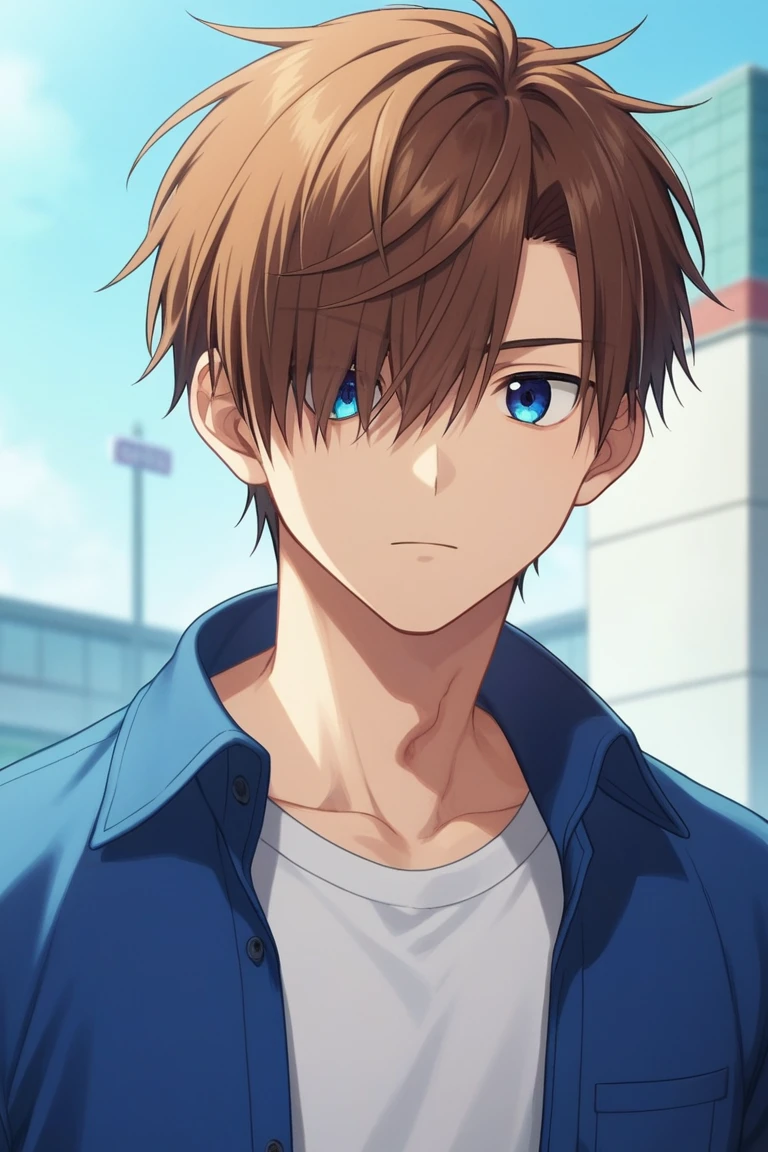 score_9, score_8_up, score_7_up, source_anime, rating_safe, intricate details, anime screencap, , official style, , , depth of field, 1boy, solo, male focus, kyoutarou_ichikawa, brown hair, blue eyes, short hair, hair over one eye, bangs, , dynamic pose, silly