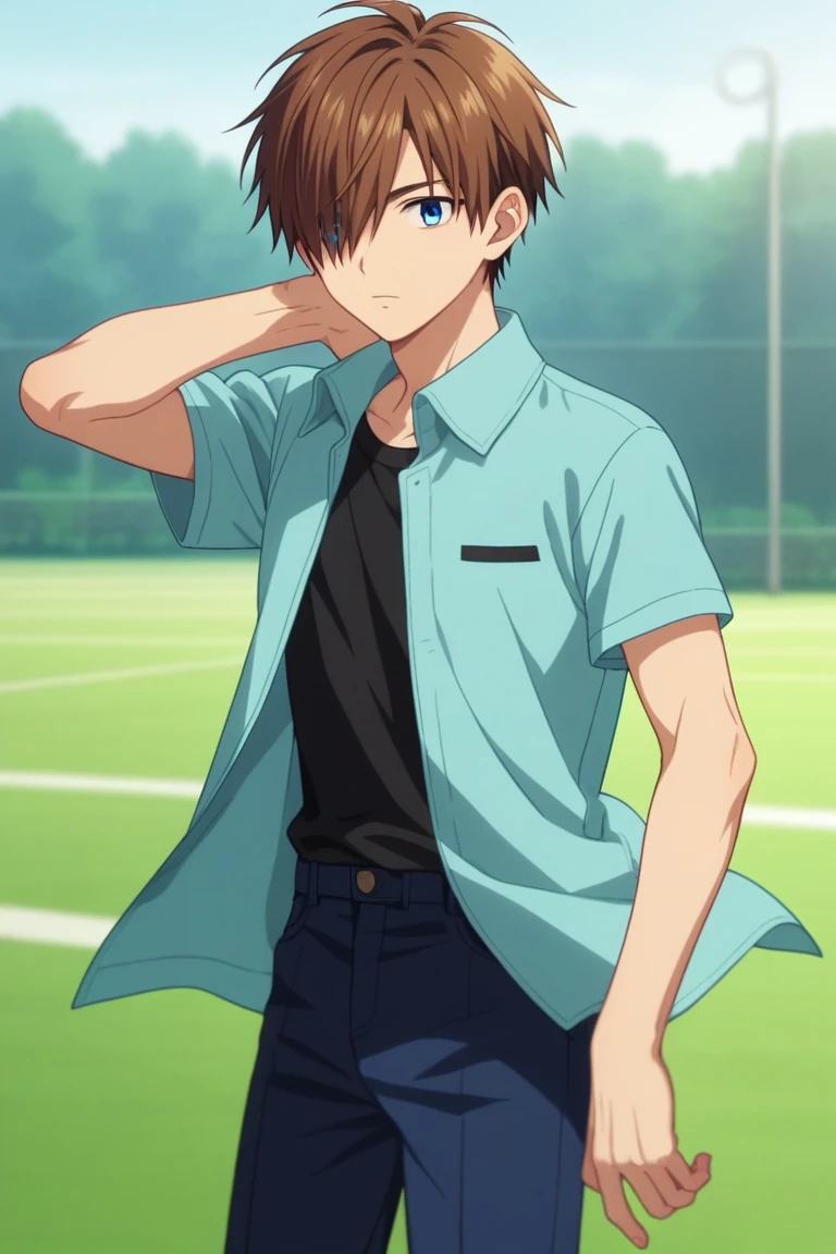 score_9, score_8_up, score_7_up, source_anime, rating_safe, intricate details, anime screencap, , official style, , , depth of field, 1boy, solo, male focus, kyoutarou_ichikawa, brown hair, blue eyes, short hair, hair over one eye, bangs, , dynamic pose, silly