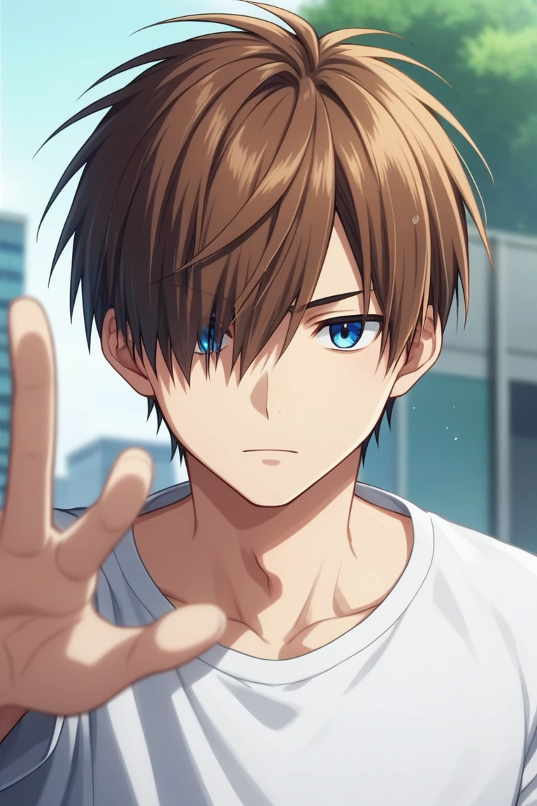score_9, score_8_up, score_7_up, source_anime, rating_safe, intricate details, anime screencap, , official style, , , depth of field, 1boy, solo, male focus, kyoutarou_ichikawa, brown hair, blue eyes, short hair, hair over one eye, bangs, , dynamic pose, silly