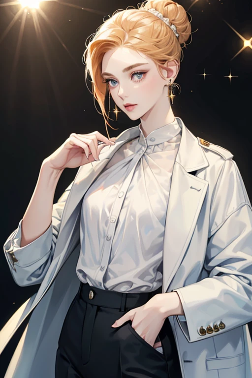 tall stature with pale skin and ginger hair that is pulled back into a high bun.


She wears a pale, light grayish-blue jacket with a moderate opal popped collared shirt and a white undershirt beneath, along with a pair of white earrings and a small goldish white necklace. She also wears pants that match her jacket. SPARKLE; GLITTER