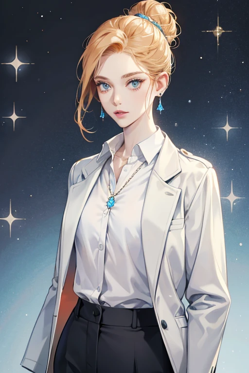 tall stature with pale skin and ginger hair that is pulled back into a high bun.
She wears a pale, light grayish-blue jacket with a moderate opal popped collared shirt and a white undershirt beneath, along with a pair of white earrings and a small goldish white necklace. She also wears pants that match her jacket. SPARKLE; GLITTER