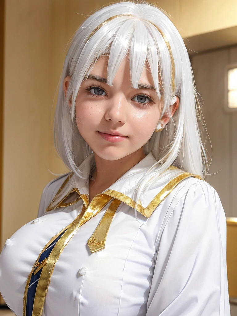 (shiny white skin:1.4),(a girl with big breast:1.3),(cute face:1.4) , (bangs:1.1),(full white hair :1.5) ,,(white blouse:1.4),(gold junior high school uniform:1.4) ,(cute nose:1.3)