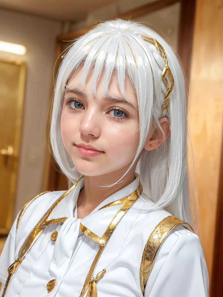 (shiny white skin:1.4),(a girl with big breast:1.3),(cute face:1.4) , (bangs:1.1),(full white hair :1.5) ,,(white blouse:1.4),(gold junior high school uniform:1.4) ,(cute nose:1.3)