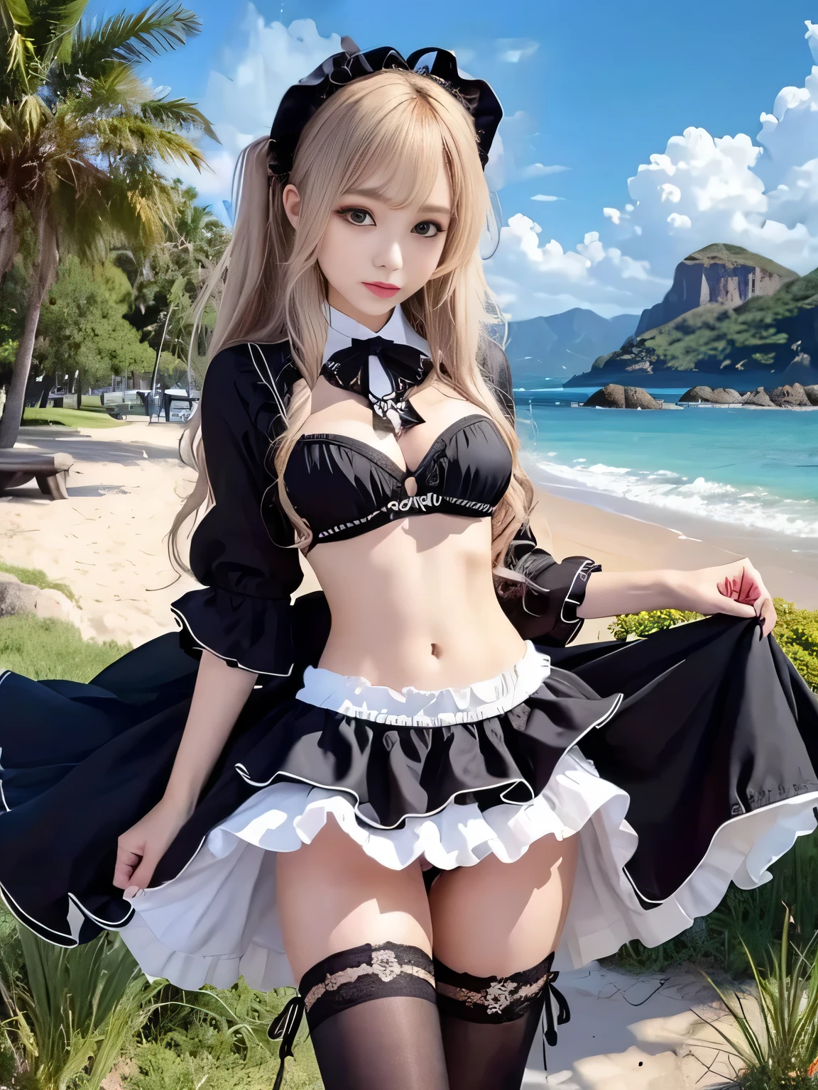(Full body portrait:1.5)、、Slim and flat chested、Small breasts、Highest quality,masterpiece,Ultra-high resolution,(Actual:1.4),Original photo,Ultra-high resolution,8K,There are also women,Gothic Lolita Unifoaid Costume Cosplay、Sandy beach scenery、With confidence, Beautiful and generous,Please lift your skirt and show me your underwear...、