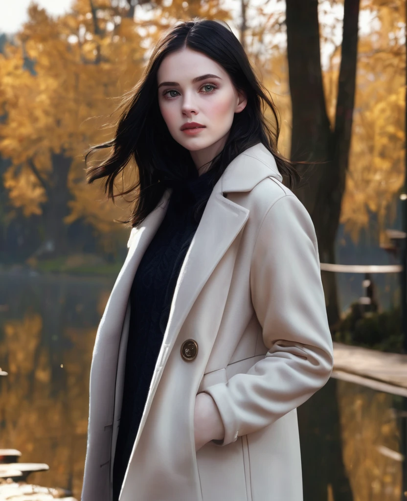 Beautiful girl with realistic black eyes, Pale skin, Medium length black hair, Perfect Face, Perfect Eyes, Wearing a coat, Very detailed, Overall Movie, Digital Painting, 8K, Cinema Lighting, Highest quality, High resolution, Detailed work, Post-processing, Perfect results, Ultra-realistic