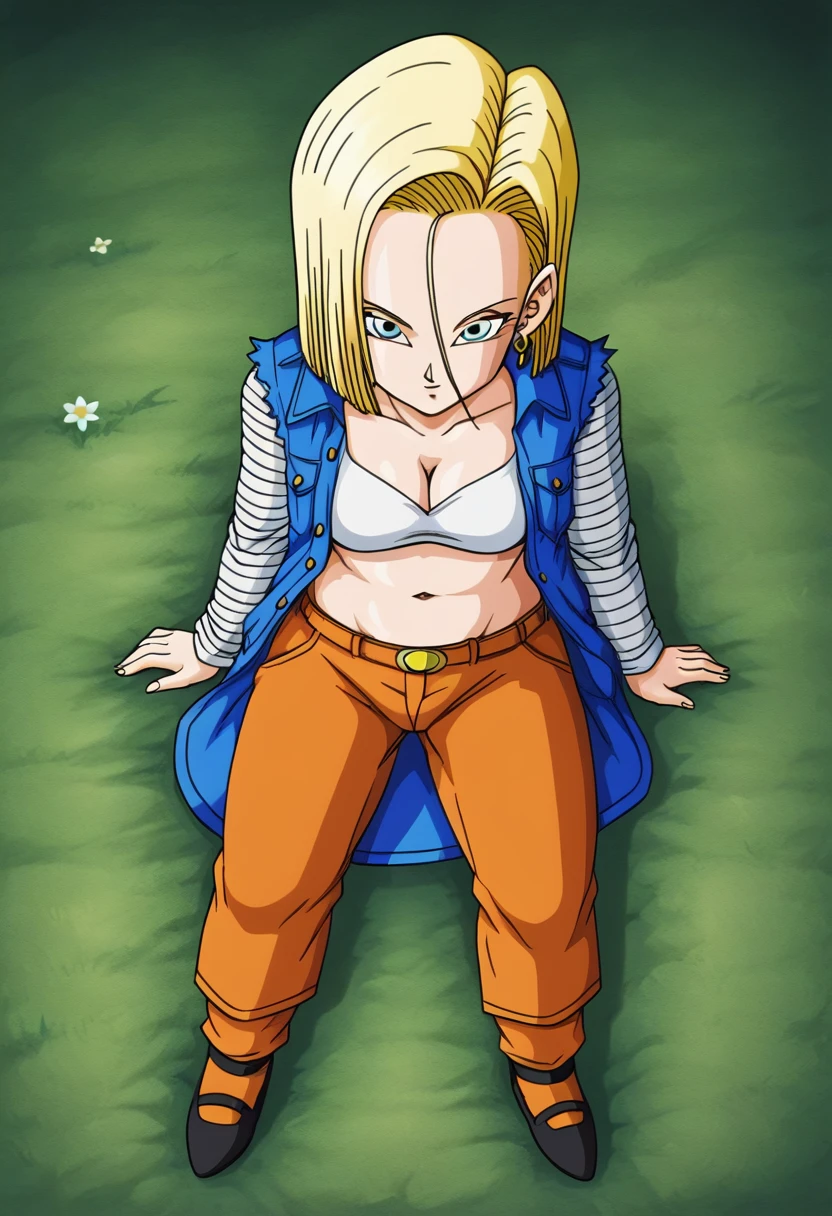 masterpiece, Detailed face,
Android 18, Buu Saga, , One girl, alone, View your viewers, short hair, blue eyes, Blonde, clavicle,
Field, bedroom,((Upper Body裸、belly button、Huge boobs:1.2)),Cleavage, Upper Body, lying 、Upper Body裸、belly button、Hoop Earrings, shoes,pants,