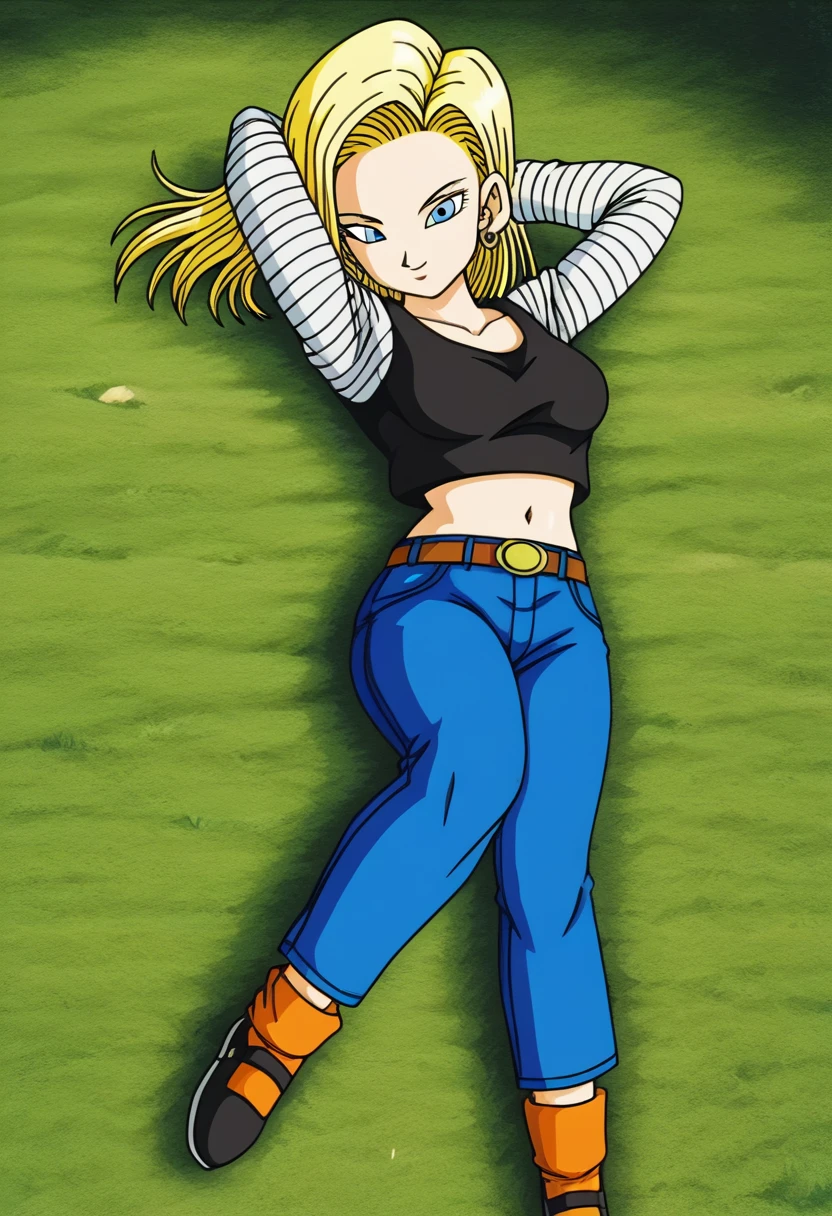 masterpiece, Detailed face,
Android 18, Buu Saga, , One girl, alone, View your viewers, short hair, blue eyes, Blonde, clavicle,
Field, bedroom,((Upper Body裸、belly button、Huge boobs:1.2)),Cleavage, Upper Body, lying 、Upper Body裸、belly button、Hoop Earrings, shoes,pants,