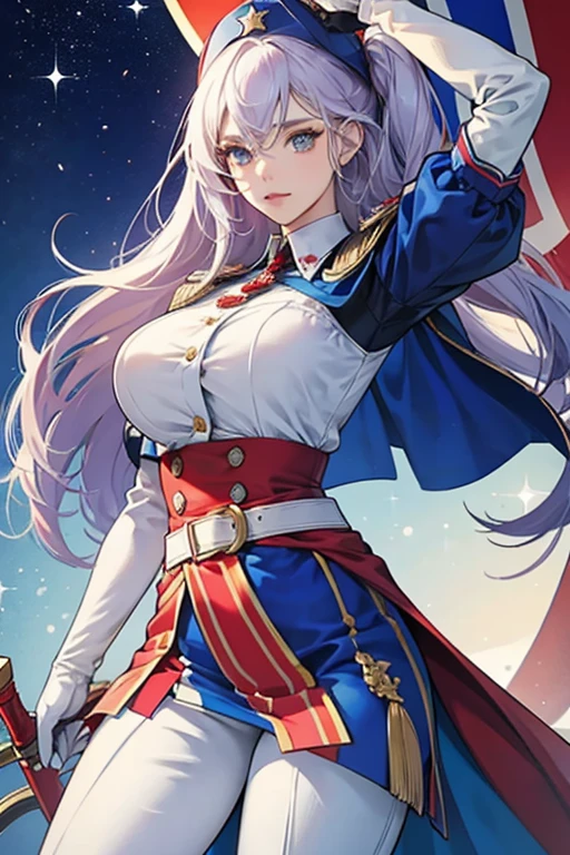 Camilla's hairstyle does not change after the transformation. The super heroine's outfit is in three colors: blue, red and white, which is a reference to the flag of the United States. The back of her head, ears and neckline are covered with a blue fabric decorated with white stars. The rest of the blouse has red and white stripes in the shape of the letter "V". The inside sleeves are white and the outside are blue with white stars. The woman also wears red and white elbow-length gloves. The pants are decorated in the same tone as the sleeves of the upper garment - white inside and blue on the outside, decorated with white stars. He wears a thick red belt on his hips. The shoes are red with two white stripes, up to the knee. Victory also has a shield, which resembles the letter "V". It is blue in color with white stars, adorned at the top with two red and one white stripes.  SPARKLE; GLITTER