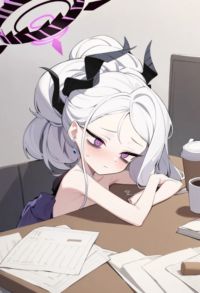 NSFW, Hina, blue archive, 1girl, tired, bags under eyes, coffee, drink, at a desk, paper, paper work, very tired,
