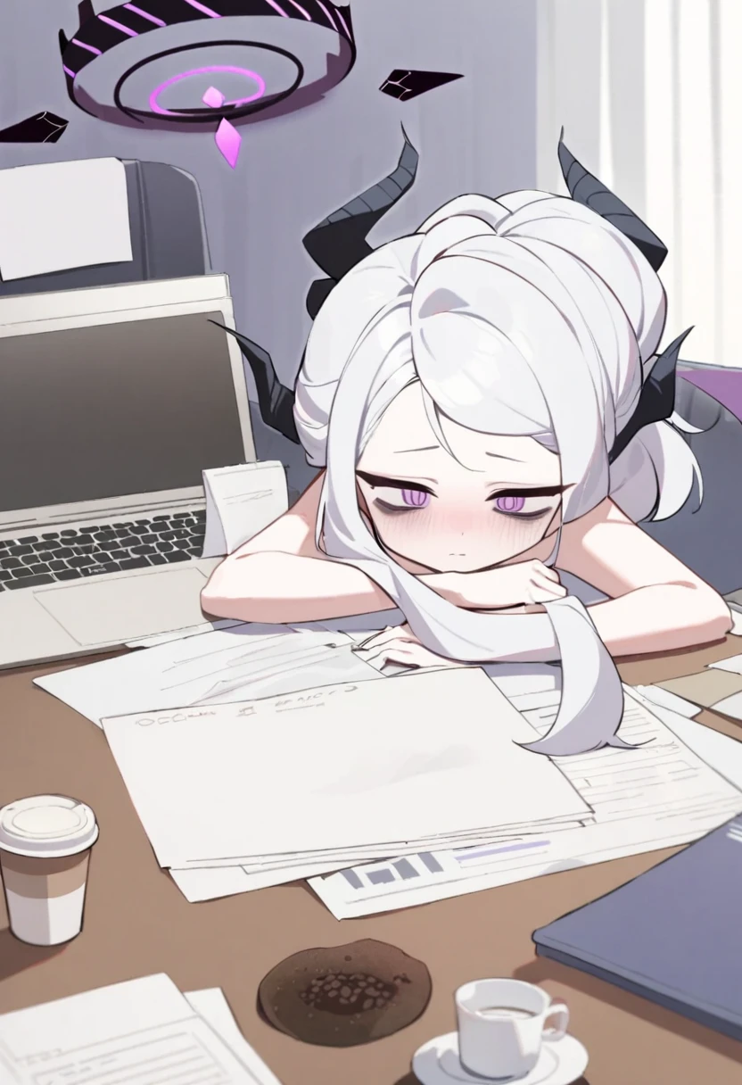 NSFW, Hina, blue archive, 1girl, tired, bags under eyes, coffee, drink, at a desk, paper, paper work, very tired,