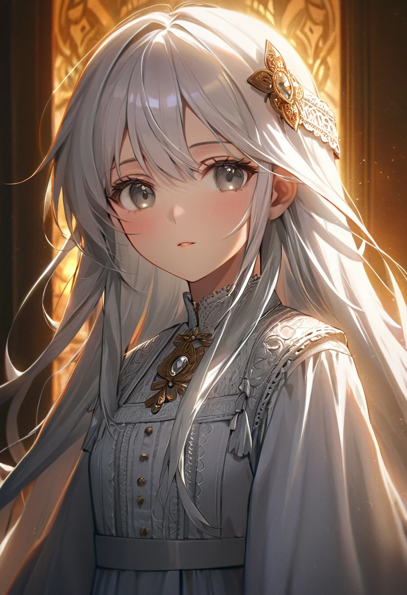a peasant girl in a white dress, long hair, white hair, beautiful gray eyes, small metal hairpin, delicate facial features,figure, detailed skin and clothing, serene expression, warm lighting, (best quality,4k,8k,highres,masterpiece:1.2),ultra-detailed,highly detailed portrait,cinematic lighting,intricate texture,vivid colors,elegant,