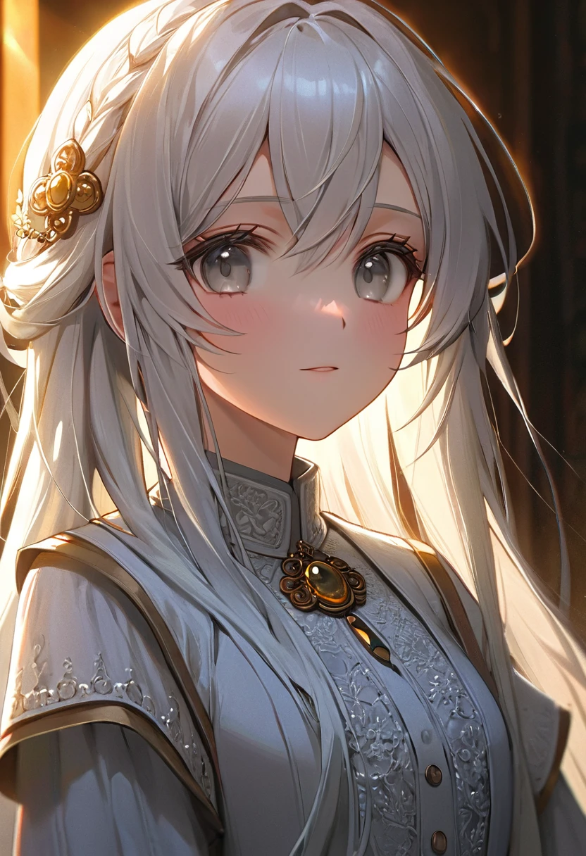 a peasant girl in a white dress, long hair, white hair, beautiful gray eyes, small metal hairpin, delicate facial features,figure, detailed skin and clothing, serene expression, warm lighting, (best quality,4k,8k,highres,masterpiece:1.2),ultra-detailed,highly detailed portrait,cinematic lighting,intricate texture,vivid colors,elegant,