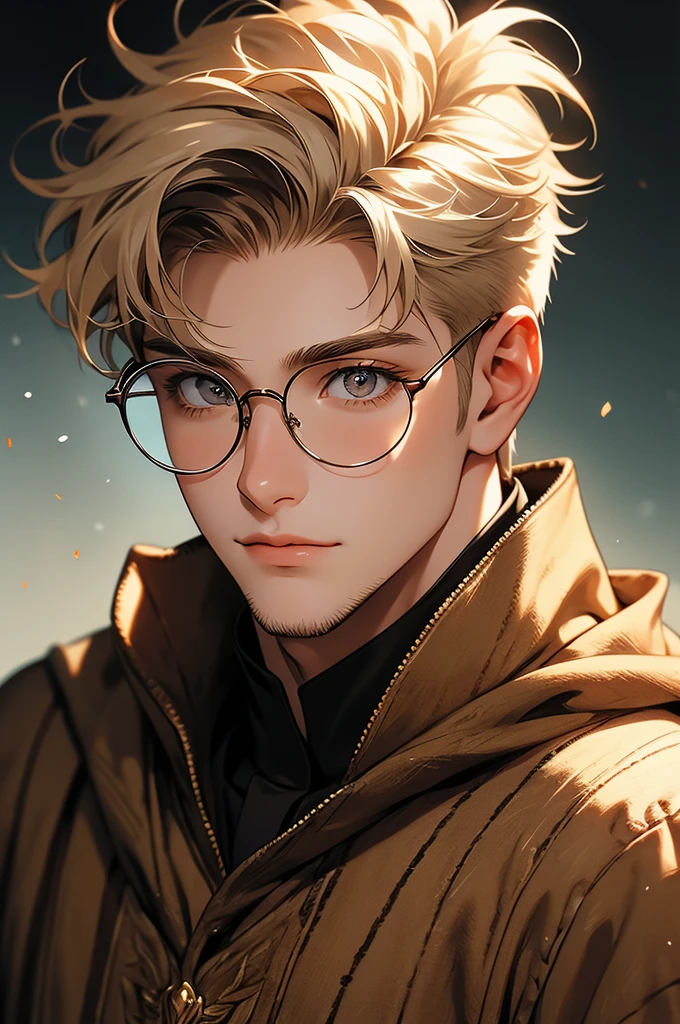 [32k, 8k, very detailed image, masterpiece], young man, naturally handsome, 23 years old, medium blond hair, light brown eyes, gentle expression, large round glasses, [looking fixedly at the viewer], shaved beard, noble adventurer outfit olive color, guild background, [[gentle and laughing expression]]