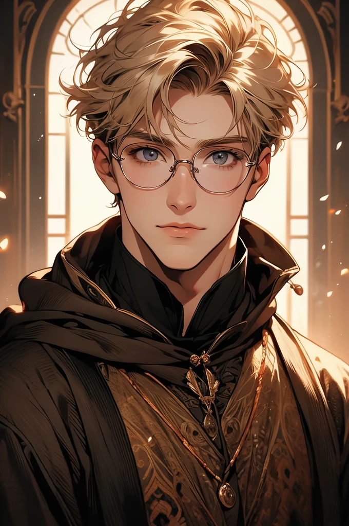 [32k, 8k, very detailed image, masterpiece], young man, naturally handsome, 23 years old, medium blond hair, light brown eyes, gentle expression, large round glasses, [looking fixedly at the viewer], shaved beard, noble adventurer outfit olive color, guild background, [[gentle and laughing expression]]
