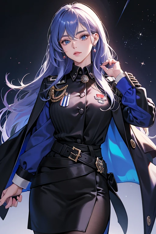 She wears a black blouse under a blue jacket with a US flag pinned to her lapel. Her neck and ears are decorated with jewelry made of pearls, Camilla ties her jacket with a black belt at the waist. She also wears a blue pencil skirt with a black stripe on the front and black heels. SPARKLE; GLITTER