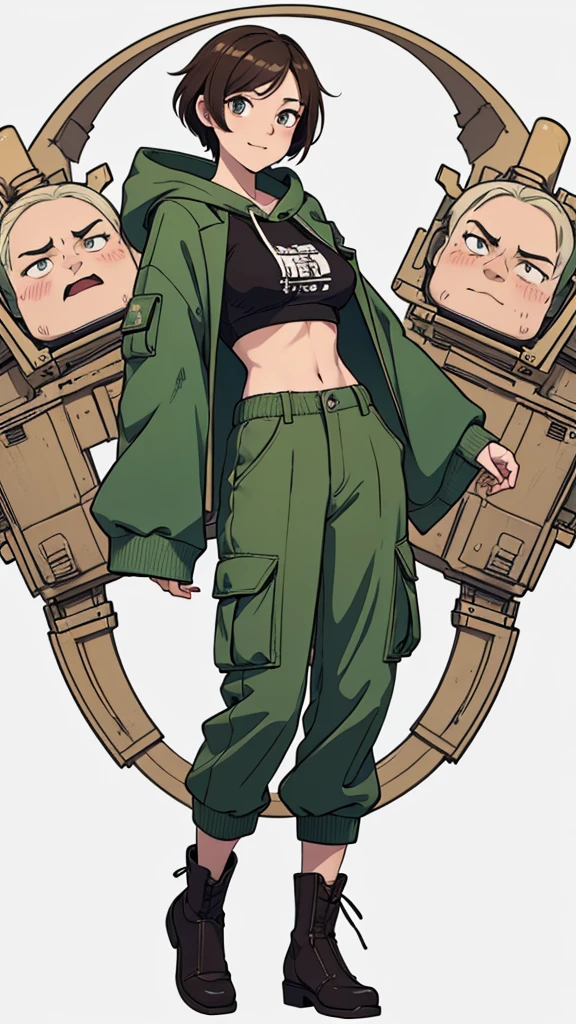 (((masterpiece, best quality, ultra highres, 1 girl, solo, no background))), super detailed skin and face and eyes and finger, beautiful japanese woman, small breasts:1.5, skinny, light brown hair, white background, very short pixie hair, (an illustration of girl), Knee shot, Generate with illustrations, Various expressions, Various poses, Please draw the entire character within the frame, ensuring that the head, arms, and legs are not cut off. The background should be simple, with the character positioned centrally, outline, anime, hoodie, laugh, boyish, cargo pants,
