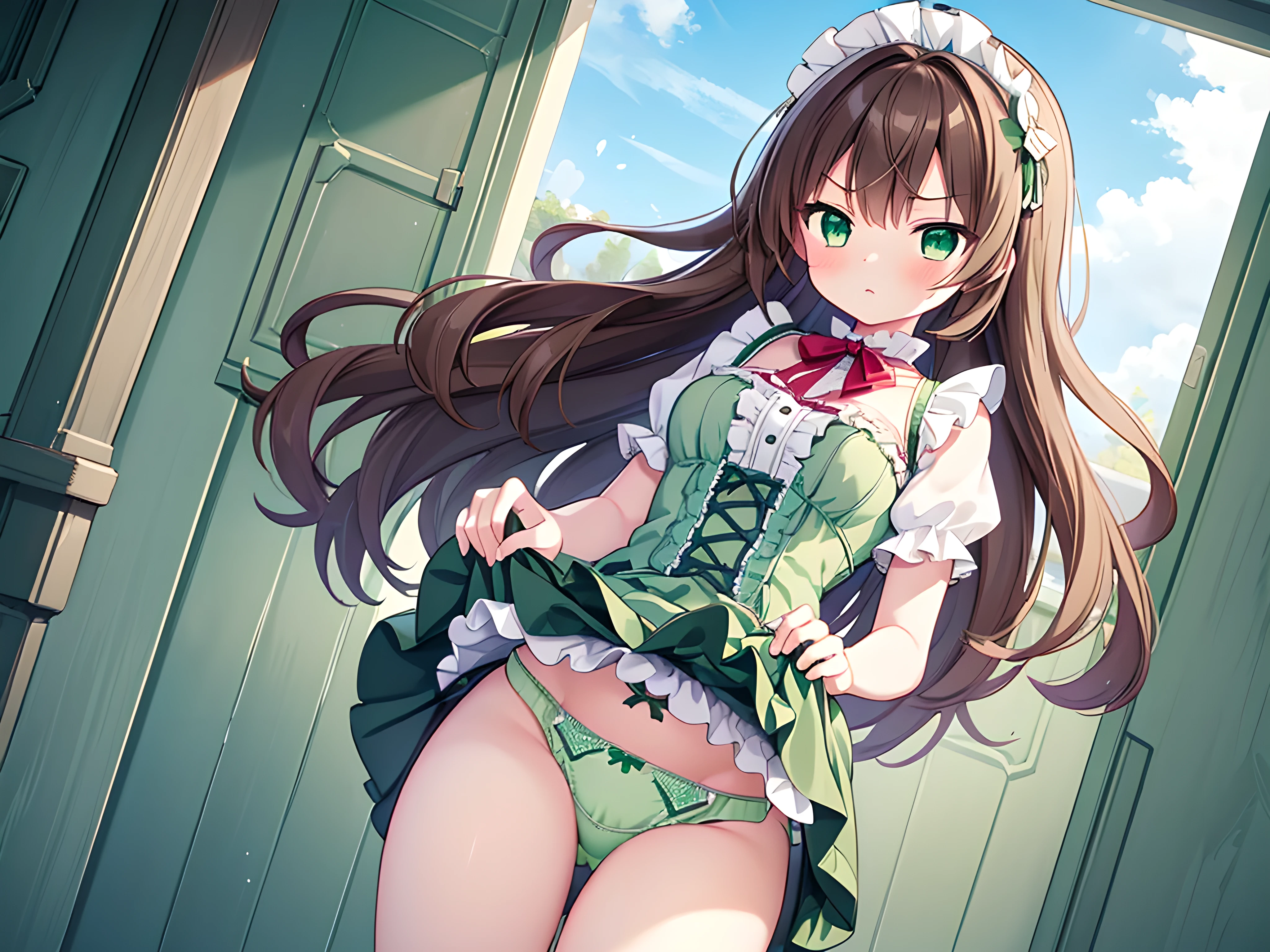 best quality, detailed girl, game cg, novel illustration, high resolution, cinematic lighting, dynamic lighting,
(skirt lift lifted by self), show off panties, panties focus,
woman,
(frilled panties:1.3), (green panties:1.5),
wavy hair, sweat,
(detailed sweet ta:1.3),
(serious:1.3),
brown hair,
twilight sky,
intense angle,