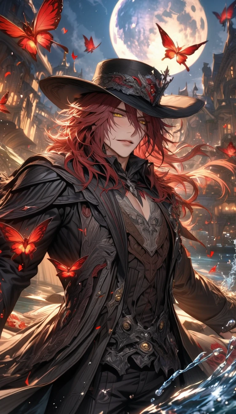 absurdres, highres, ultra detailed, HDR, master piece, best quality, extremely detailed, Ardyn Izunia, red hair, expressive yellow eyes, Final Fantasy XV, solo, sexy man, handsome, black hat, white and black clothes, fantasy, magic, sparkling, water, moon, red flowers, red butterflies