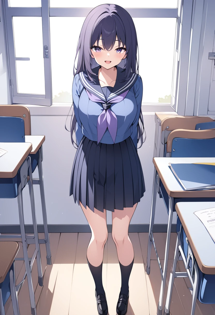 ,akiha,best quality,masterpiece, super fine illustration,1girl,solo,looking at viewer, , sailor collar, serafuku ,blue shirt, long sleeves, purple neckerchief ,blue neckerchief, black skirt, pleated skirt, black socks ,kneehighs, black footwear ,loafers, classroom  ,full body,standing,arms_behind_back,smile,;d,open mouth, large breasts