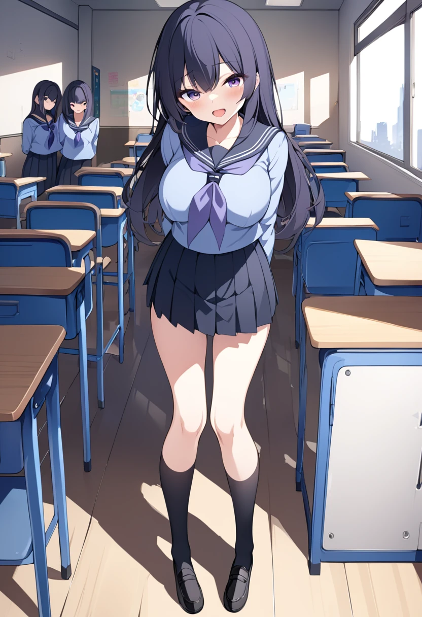 ,akiha,best quality,masterpiece, super fine illustration,1girl,solo,looking at viewer, , sailor collar, serafuku ,blue shirt, long sleeves, purple neckerchief ,blue neckerchief, black skirt, pleated skirt, black socks ,kneehighs, black footwear ,loafers, classroom  ,full body,standing,arms_behind_back,smile,;d,open mouth, large breasts