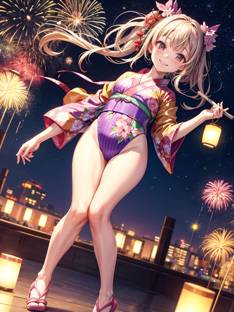 Highest quality,Highest Resolution,(((Yukata leotard)))Beautiful smiling girl,Night view,Fireworks,High leg,Yukita,