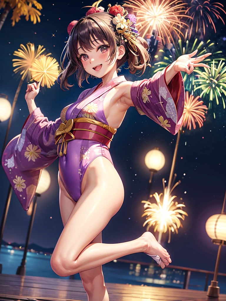 Highest quality,Highest Resolution,(((Yukata leotard)))Beautiful smiling girl,Night view,Fireworks,High leg,Yukita,