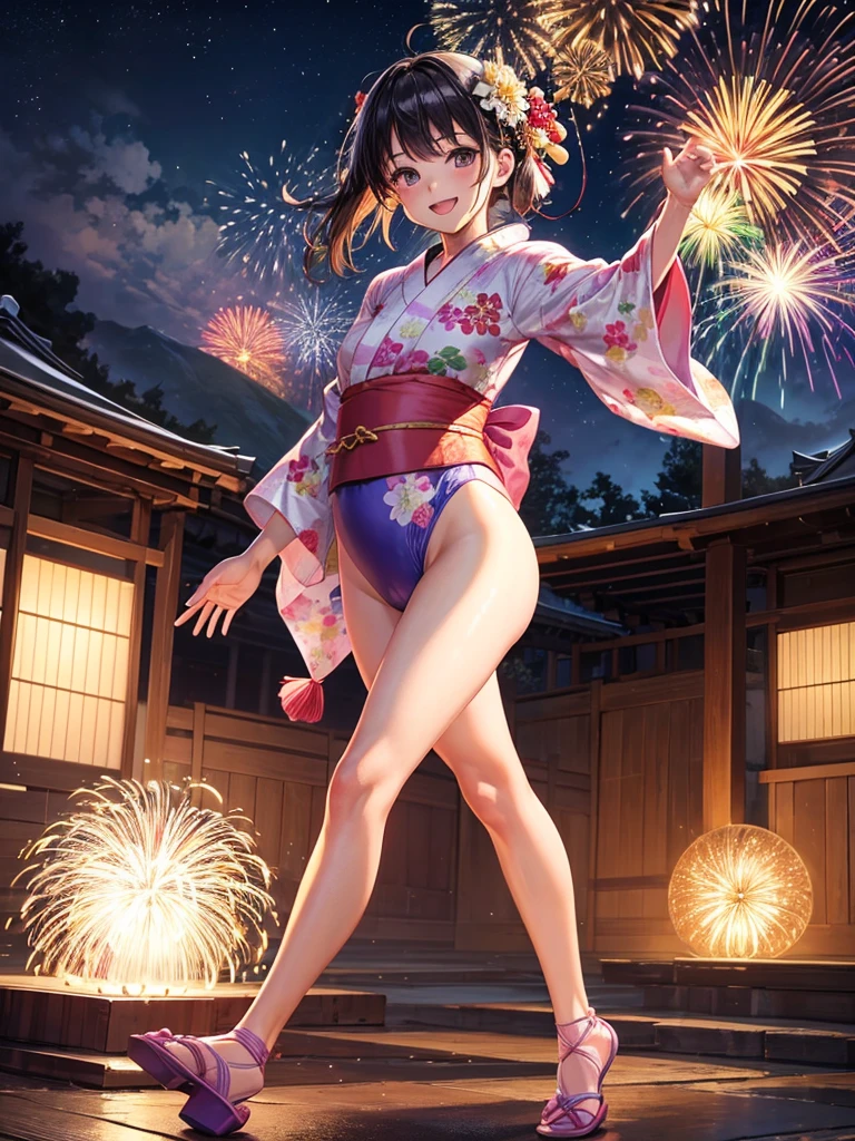 Highest quality,Highest Resolution,(((Yukata leotard)))Beautiful smiling girl,Night view,Fireworks,High leg,Yukita,