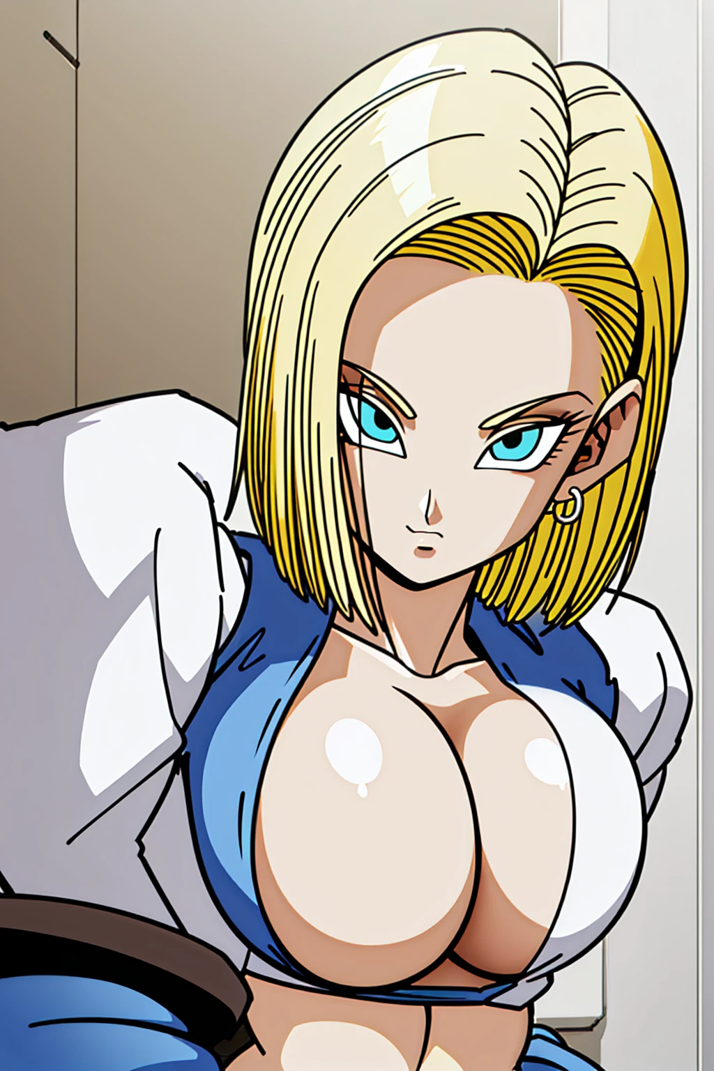 Android18, 1girl in, Solo, Smile, Short_hair, Blue_Eyes, Blonde_hair, Shirt, NSFW,  Pubic hair, Pregnancy,