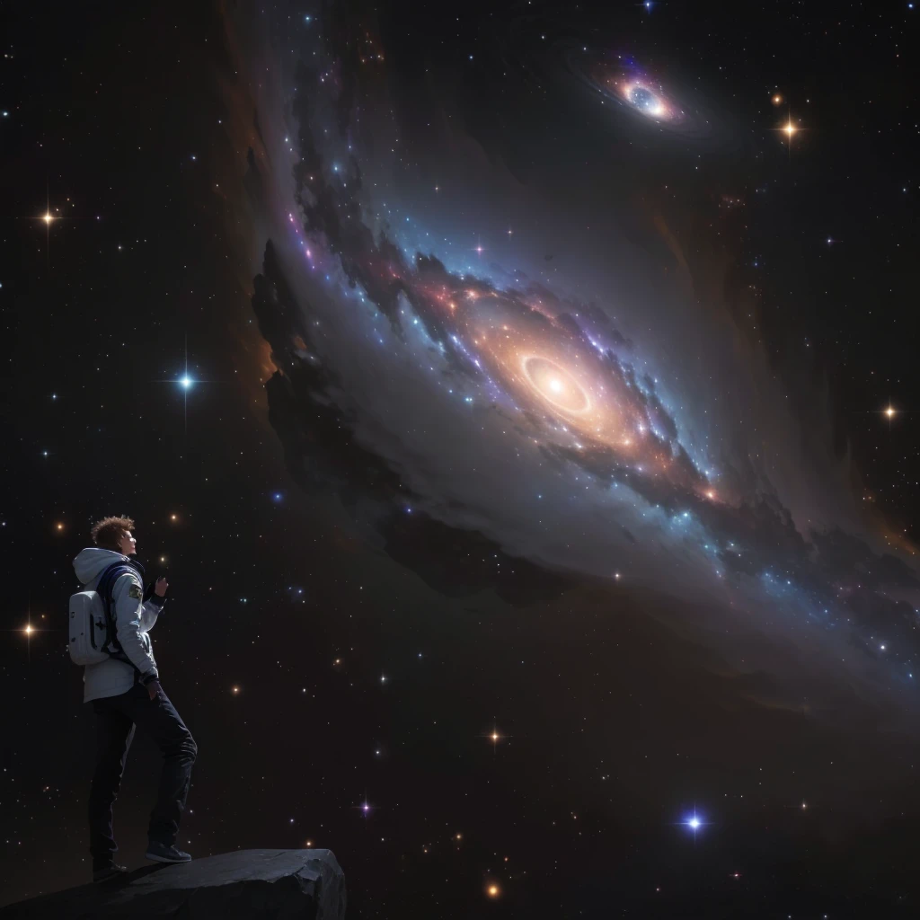 Image of a person, standing on a stone and looking at the galaxy, looking into space, next to the galaxy, looking into space, lost in the vastness of space, standing in outer space, huge cosmic scale, A cosmic creature of enormous proportions, in space, in the universe.very realistic, Holding on to the galaxy, huge space
