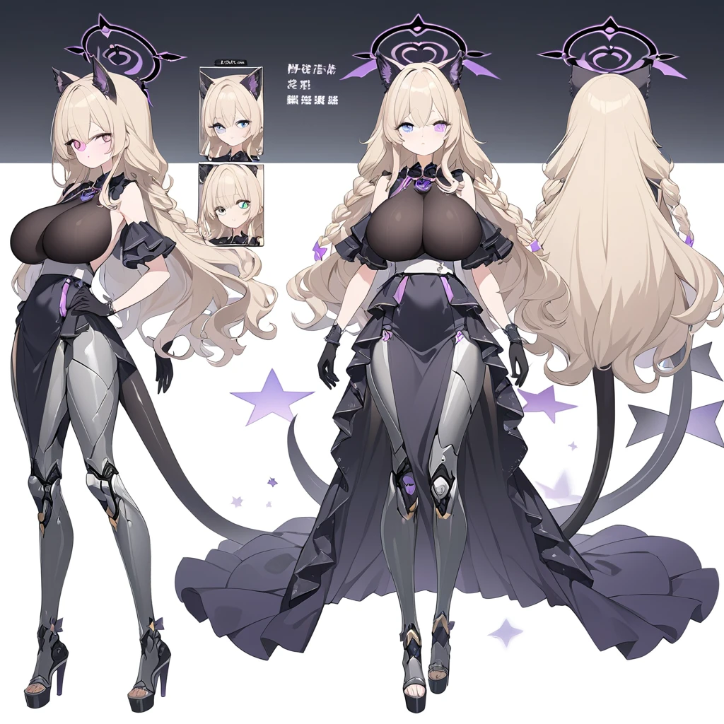 1 tall girl, long dark blonde hair, slim build, wavy hair with knee length curls, small face, sectoral heterochromia (one gray eye and one light purple eye), star ribbon on the right side of the hair, She has a short double braid on the left and right side of her head....... , extremely detailed face, Beautiful detailed eyes, beautiful detailed lips. short height 180cm, adorable, extremely detailed legs, (Best Quality, 4k, 8k, high resolution, Masterpiece: 1.2), ultra detailed, Exquisite and epic character art...., Amazing modern character trending theme.... ((character design sheet: front view, back view, side view)), Black platform heels, Elegant Ruffle One Piece Long Dress., black shoulder length gloves with gold star design, light gray belt with a large ribbon with violet heart buckle, black necklace with heart emblem on the neck. It has black serval ears with gray on the top of its head....., It has a star-shaped succubus tail that extends from the back of its hip....... wide hip. She wears a black halo with purple star patterns that shines... big breast size. Black and silver mechanical legs.