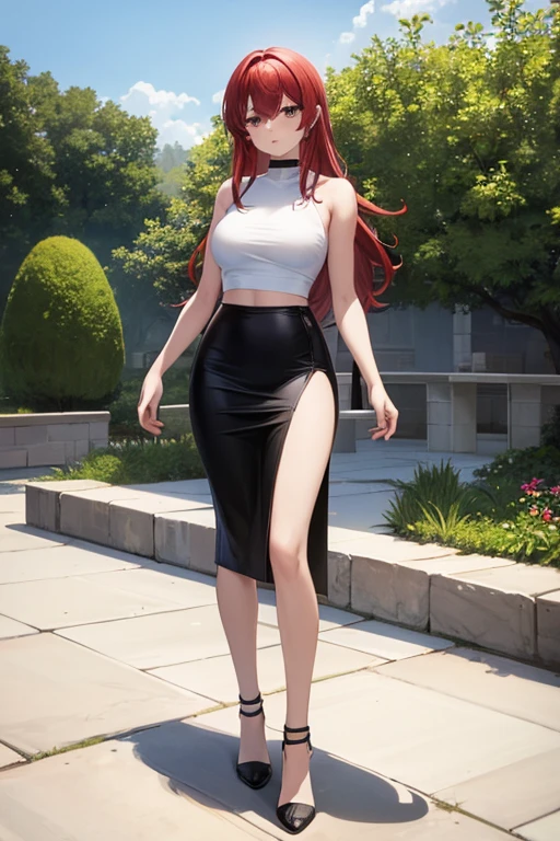 1girl, woman wearing white t-shirt, midriff, tight midi pencil skirt black, long length pencil skirt, long red hair, looking at viewer, full body, walking, smile, blush, sneakers, socks, large bust, garden, summer