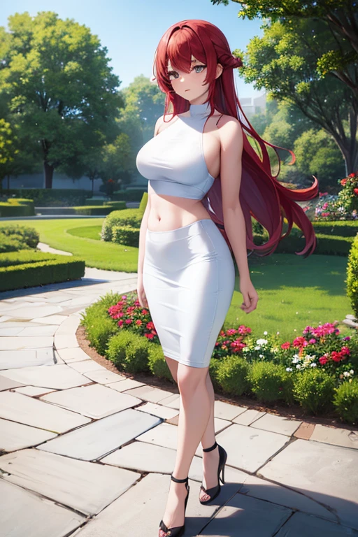 woman, white tank top, midriff, tight midi pencil skirt black, long tight pencil skirt black, long red hair, looking at viewer, full body, garden