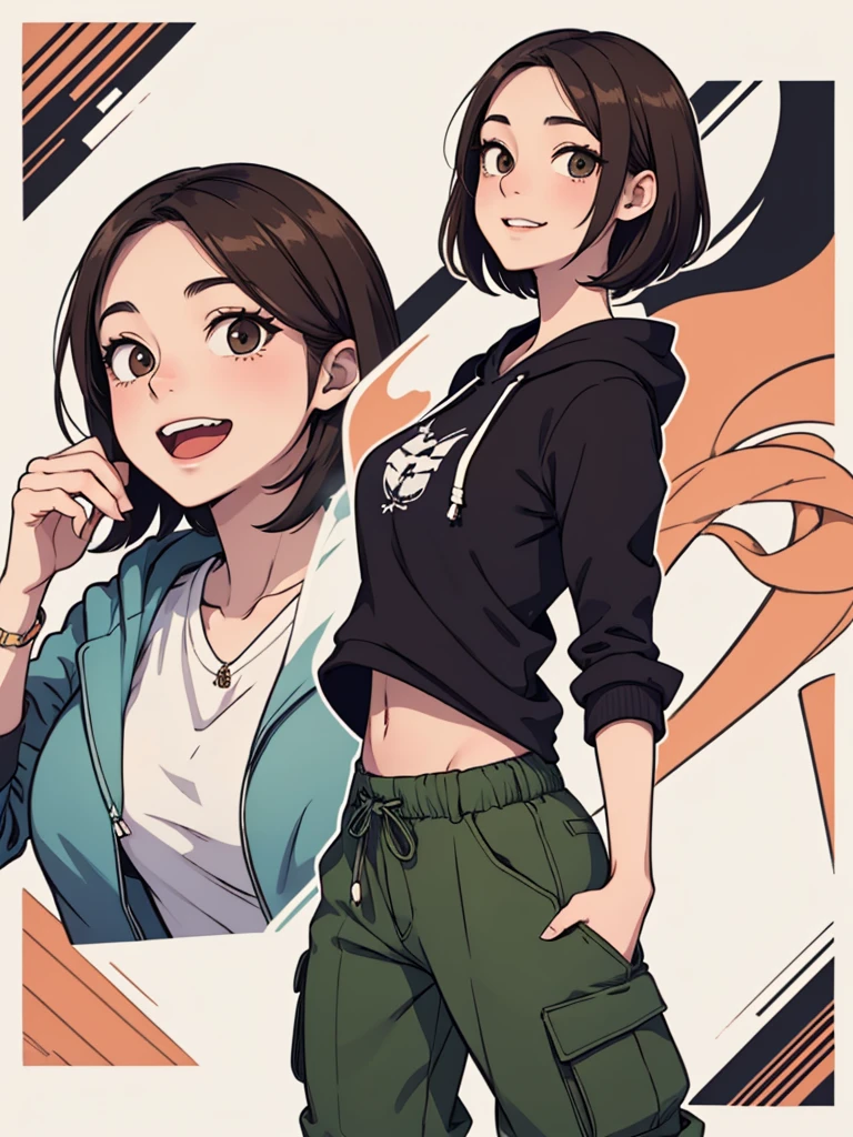 (((masterpiece, best quality, ultra highres, 1 girl, solo, no background))), super detailed skin and face and eyes and finger, beautiful japanese woman, small breasts:1.5, skinny, light brown hair, white background, very short pixie hair, (an illustration of girl), Knee shot, Generate with illustrations, Various expressions, Various poses, Please draw the entire character within the frame, ensuring that the head, arms, and legs are not cut off. The background should be simple, with the character positioned centrally, outline, anime, hoodie, laugh, boyish, cargo pants,