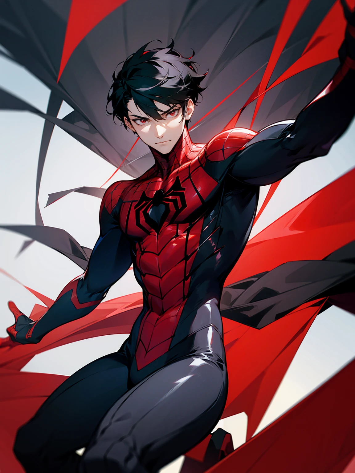 1male,black hair, red and black spiderman suit