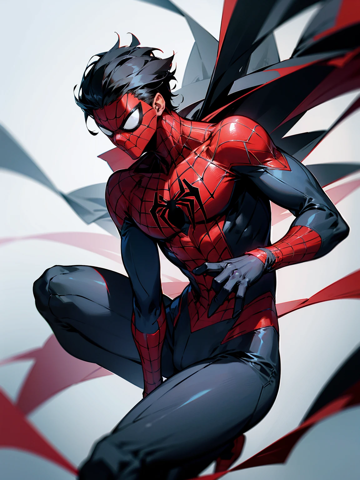 1male,black hair, red and black spiderman suit