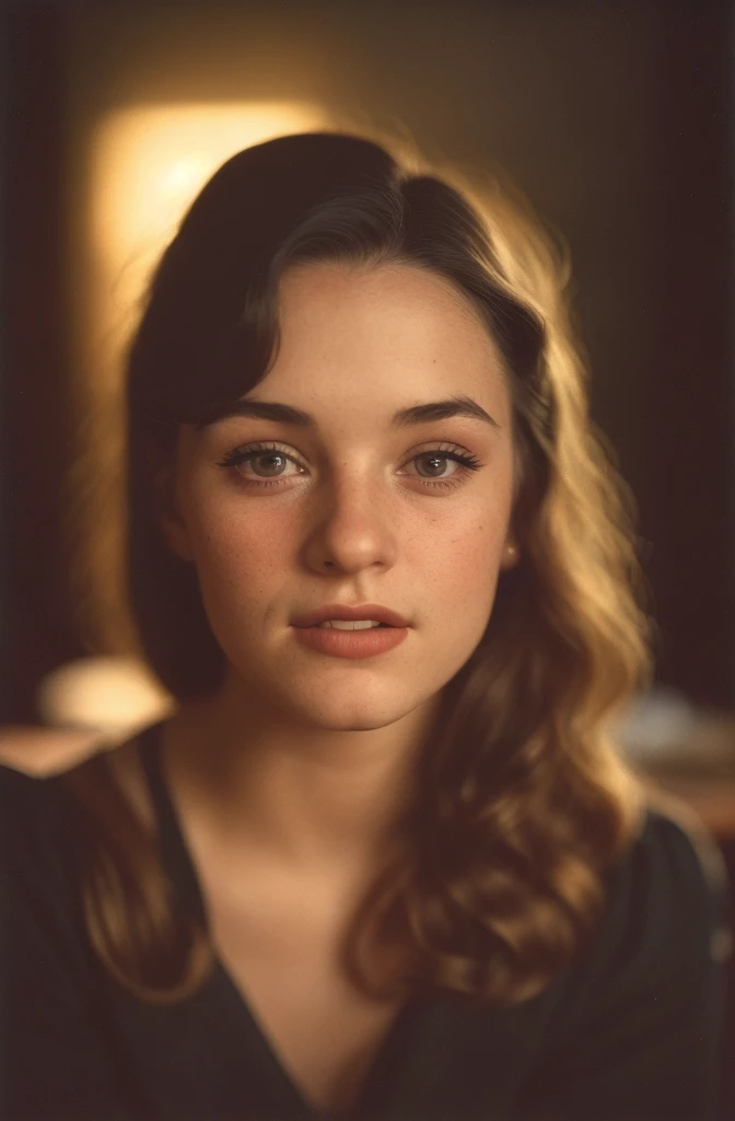 (close-up, editorial photograph of a 20 yo woman from the 1940's), (highly detailed face:1.4) (smile:0.7) (background inside dark, moody, private study:1.3) POV, by lee jeffries, nikon d850, film stock photograph ,4 kodak portra 400 ,camera f1.6 lens ,rich colors ,hyper realistic ,lifelike texture, dramatic lighting , cinestill 800,