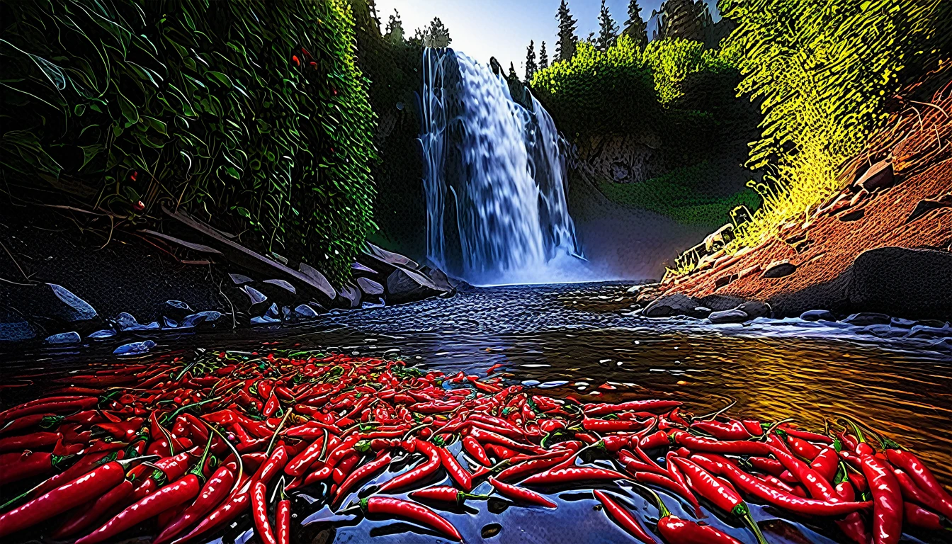 Realistic,Very realistic,Extreme Detail,Breathtakingly realistic, mt hood,High contrast realism,High Saturation Realism,Vibrant colors, Chilis, Red peppers, basil, waterfall, Dramatic lighting,Fascinating landscape,Persuasive storytelling,Atmospheric scenery,Captivating visuals,Intricate details,Strong emotions,Heavenly Beauty,A dreamlike world