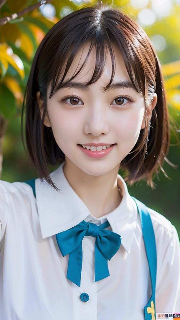 incredibly absurd, beautiful and cute 20-year-old Korean girl with a photorealistic face, showcasing top-quality craftsmanship. Her slender frame adorned with short, messy hair. The artwork high-resolution, allowing for ultra-detailed features to be captured flawlessly. The girl is wearing School Costume. The focus lies on the realistic pupils, showcasing depth and emotion. ((breasts out)) cute smile.