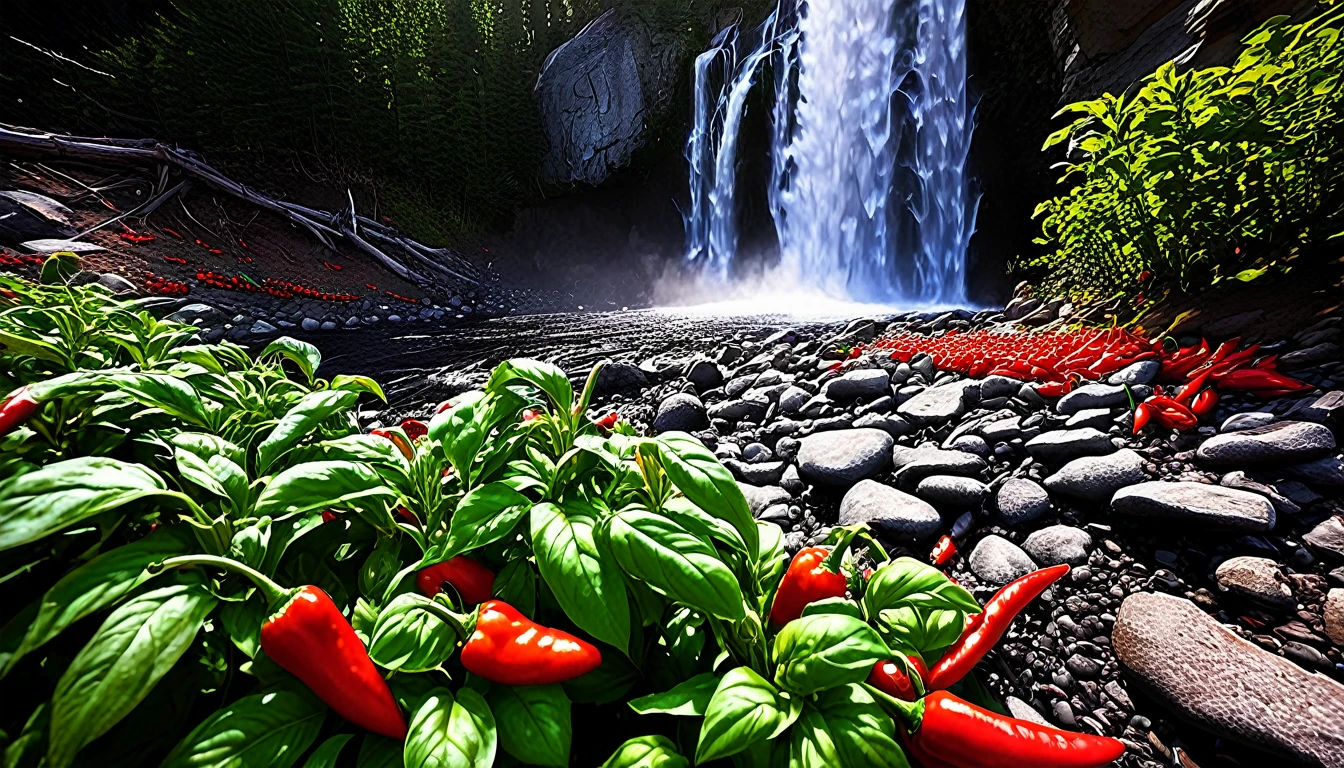 Realistic,Very realistic,Extreme Detail,Breathtakingly realistic,Red peppers, basil, mt hood,High contrast realism,High Saturation Realism,Vibrant colors, Chilis,  waterfall, Dramatic lighting,Fascinating landscape,Persuasive storytelling,Atmospheric scenery,Captivating visuals,Intricate details,Strong emotions,Heavenly Beauty,A dreamlike world