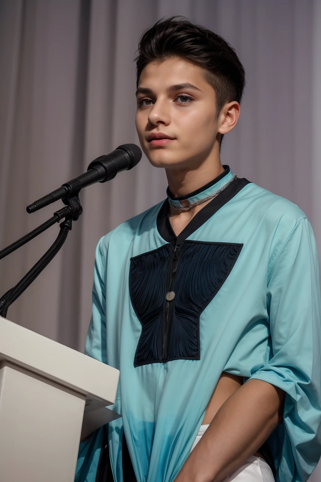 A beautiful young male twink with black hair and a face with makeup. He is wearing a white long-sleeved shirt with a tight fit and aqua blue pants. He is in his graduation speech, speaking from the podium and looking proudly. He is a nice gay man.
