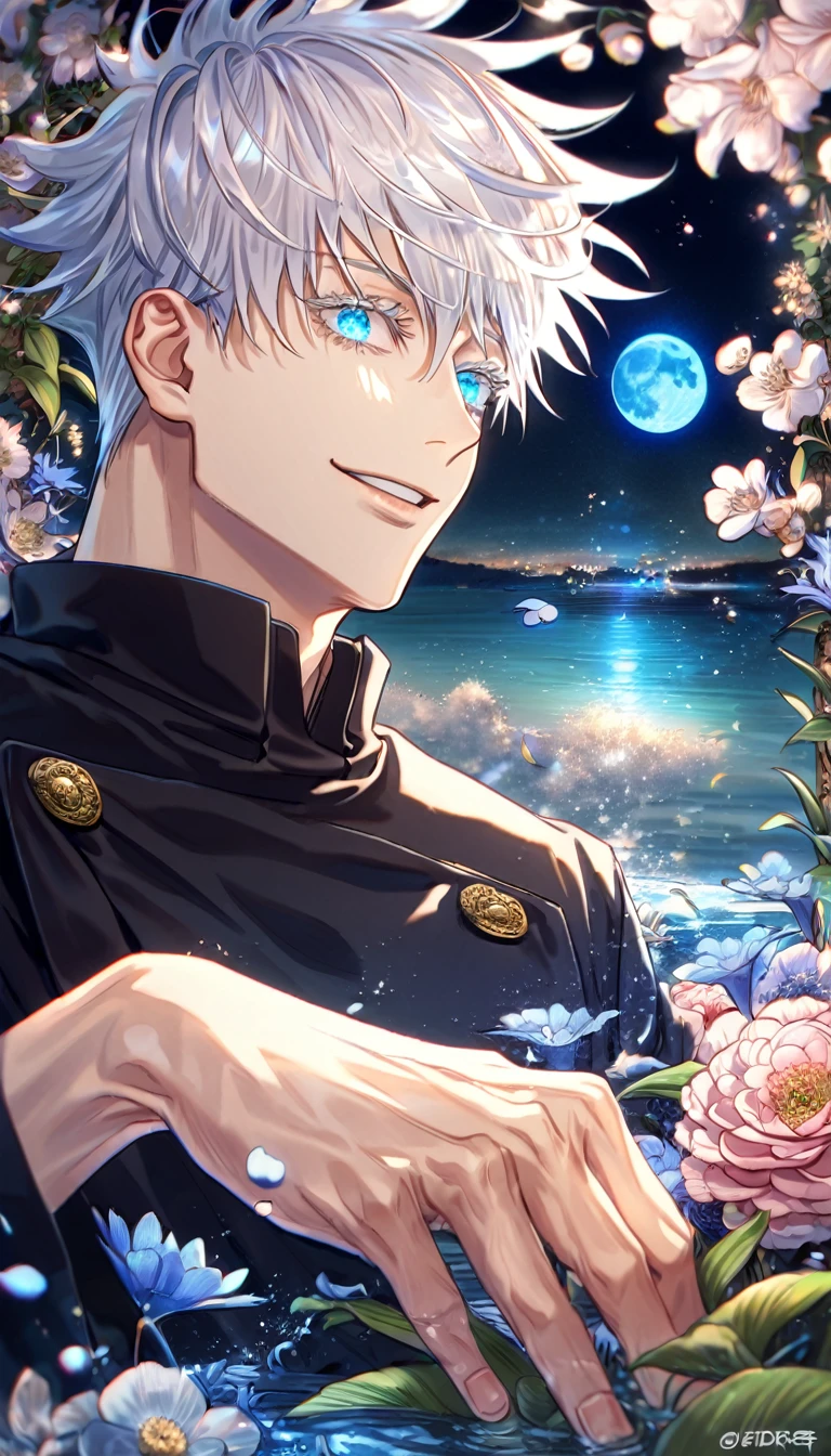 absurdres, highres, ultra detailed, HDR, master piece, Gojou Satoru, white hair, blindfolded eyes, black shirt, Jujutsu Kaisen, man, handsome, best quality, blue moon, flowers, fantasy, magical, solo, water, blue shining fireflies, blue petals, Jujutsu Kaisen uniform, handsome smile