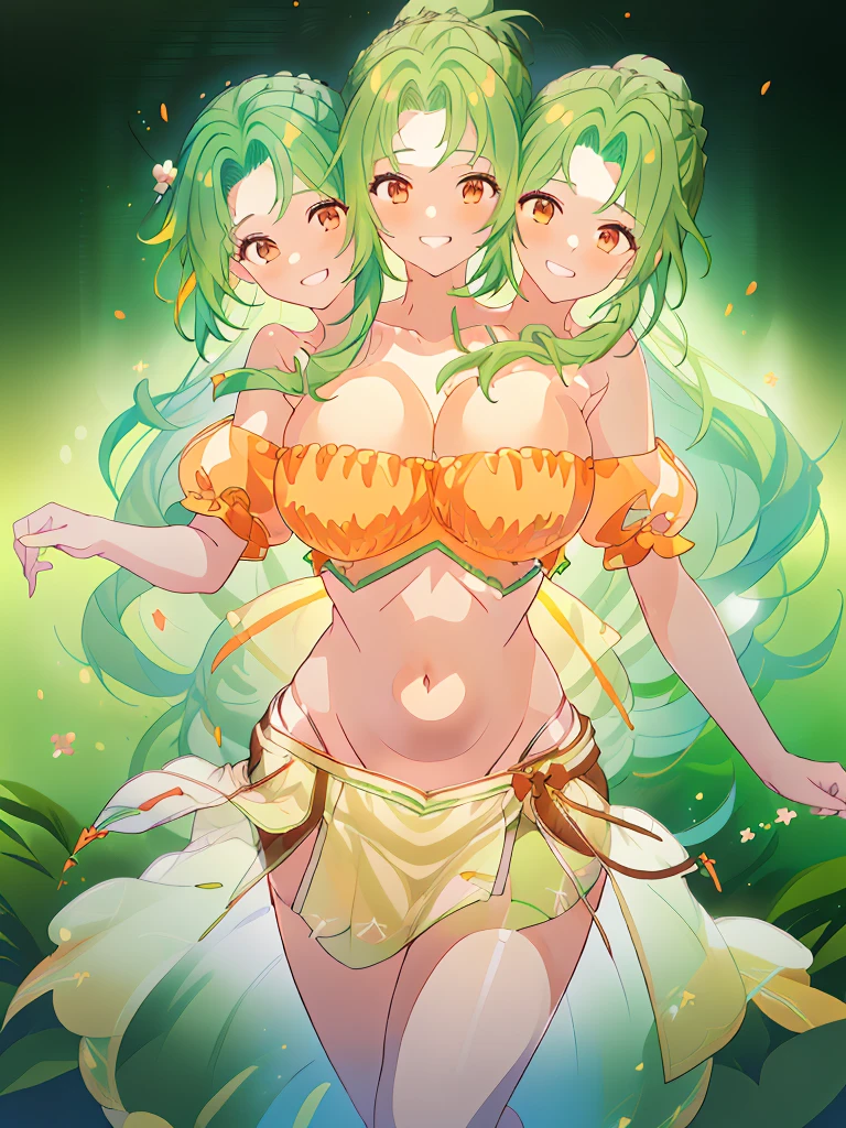 masterpiece, (3heads:1.5), 16K, best quality, 1girl, 16k resolution, ultra quality, ultra resolution, ultra detail, green hair, long flowing hair, smiling, grinning, open belly, white-orange crop top, orange-white miniskirt, open breasts, huge tits, curls, sexy pose, ponytail,
