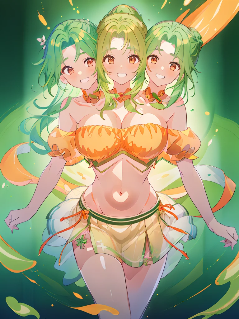 masterpiece, (3heads:1.5), 16K, best quality, 1girl, 16k resolution, ultra quality, ultra resolution, ultra detail, green hair, long flowing hair, smiling, grinning, open belly, white-orange crop top, orange-white miniskirt, open , huge tits, c, sexy pose, ytail,