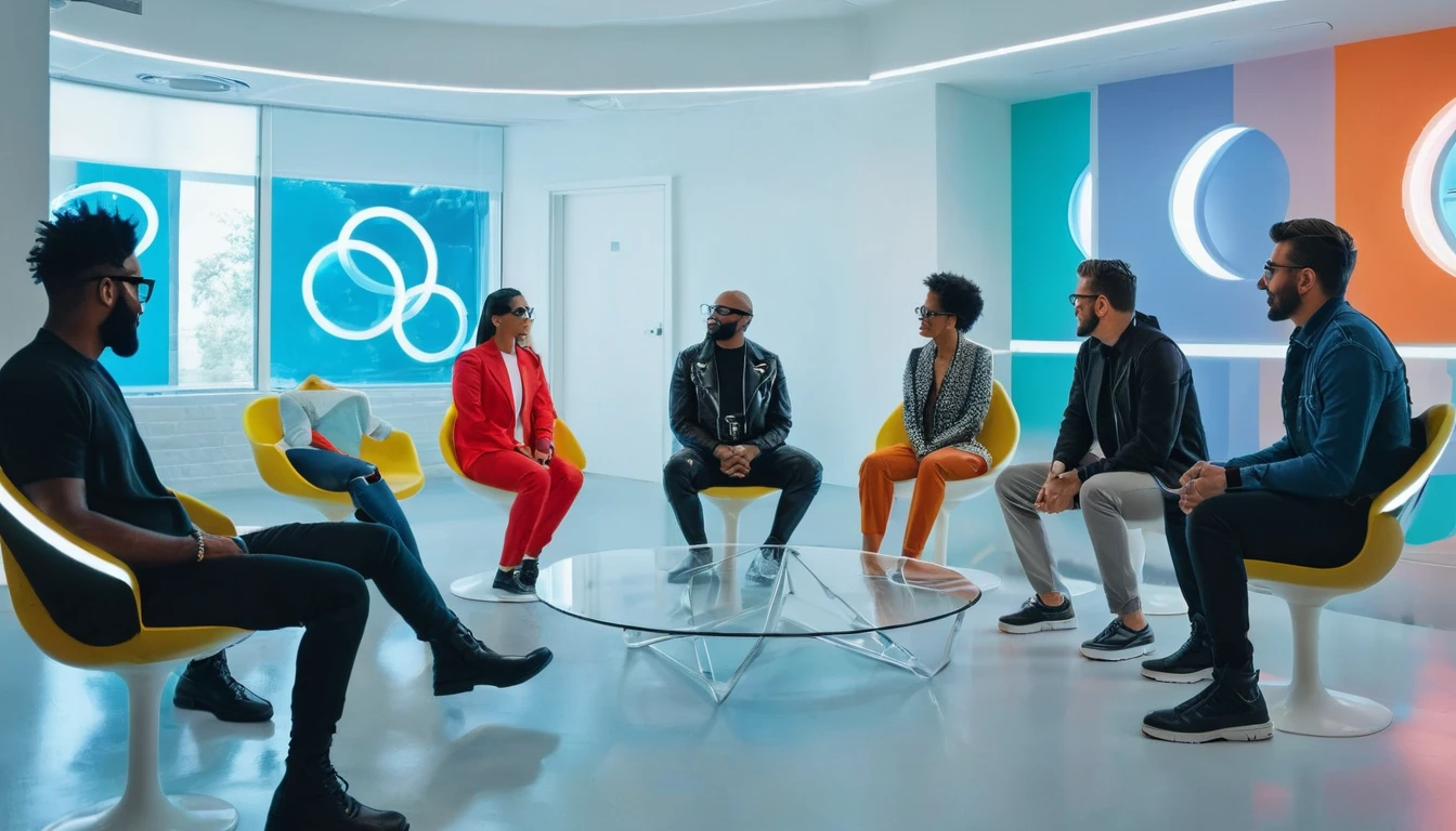 The modern and futuristic rehabilitation center provides ongoing group therapy sessions. People of different ages and genders, dressed in futuristic attire, gather in a circle. The well-lit room sets the stage for a young individual wearing glasses who stands at the center, speaking.