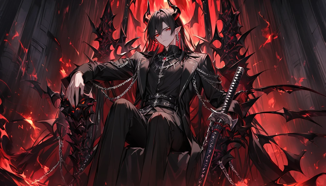 alone, good looking, 1 male, Long hair, Middle parted, Black hair, Red eyes, Black shirt, White Thailand, Black Trench Coat, Royal Silver Jewellery, Royal Demon Earrings, Black horns, Demon Crown, Demonic Katana, Chain, On Back, Demonic Black flames Aura, sitting on demonic throne