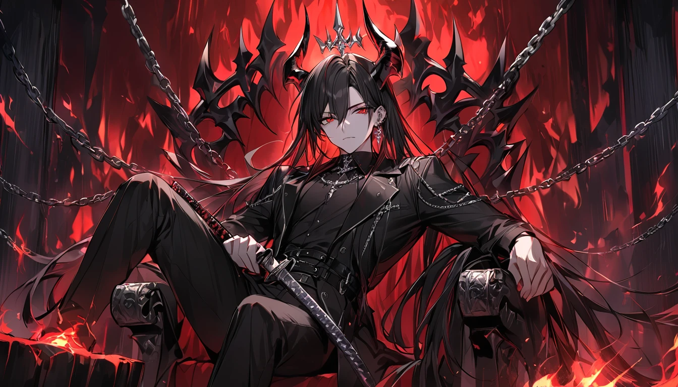 alone, good looking, 1 male, Long hair, Middle parted, Black hair, Red eyes, Black shirt, White Thailand, Black Trench Coat, Royal Silver Jewellery, Royal Demon Earrings, Black horns, Demon Crown, Demonic Katana, Chain, On Back, Demonic Black flames Aura, sitting on demonic throne