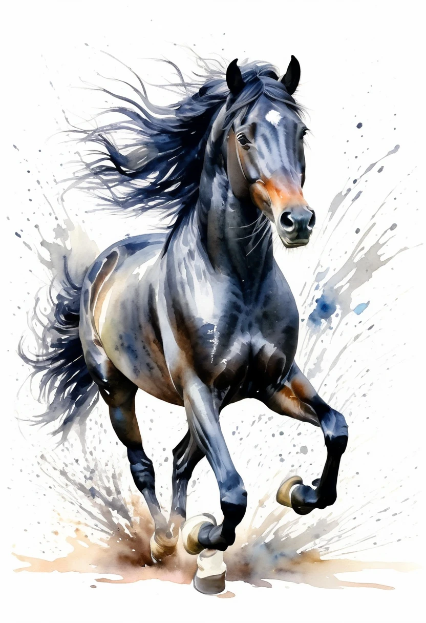 Running black horse watercolor、perspective from the front,Intense inertia,Hair Details,Pastel watercolor splashes behind ,White Background,Artistic image