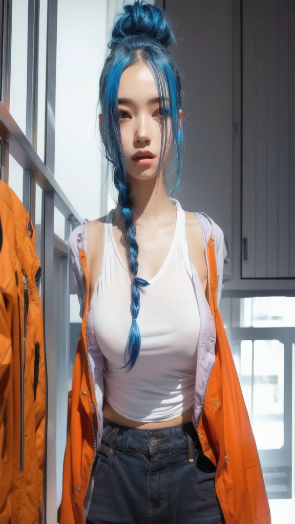 Cute girl with blue hair and a white top and orange jacket, realistic