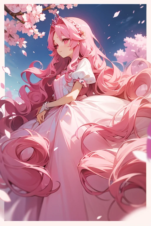 An adult anime princess with long pink wavy hair and pink eyes that is wearing a exquisite and detailed pink ballgown and has cherry blossom hair accessories and an exquisite pink tiara