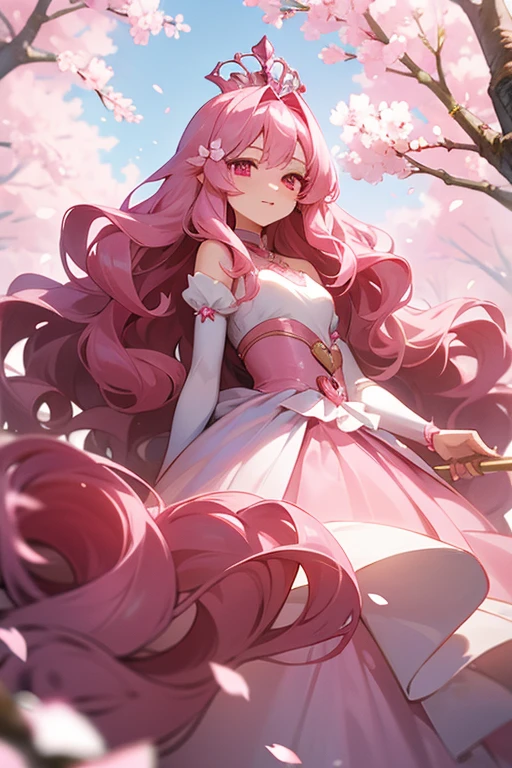 An adult anime princess with long pink wavy hair and pink eyes that is wearing a exquisite and detailed pink ballgown and has cherry blossom hair accessories and an exquisite pink tiara